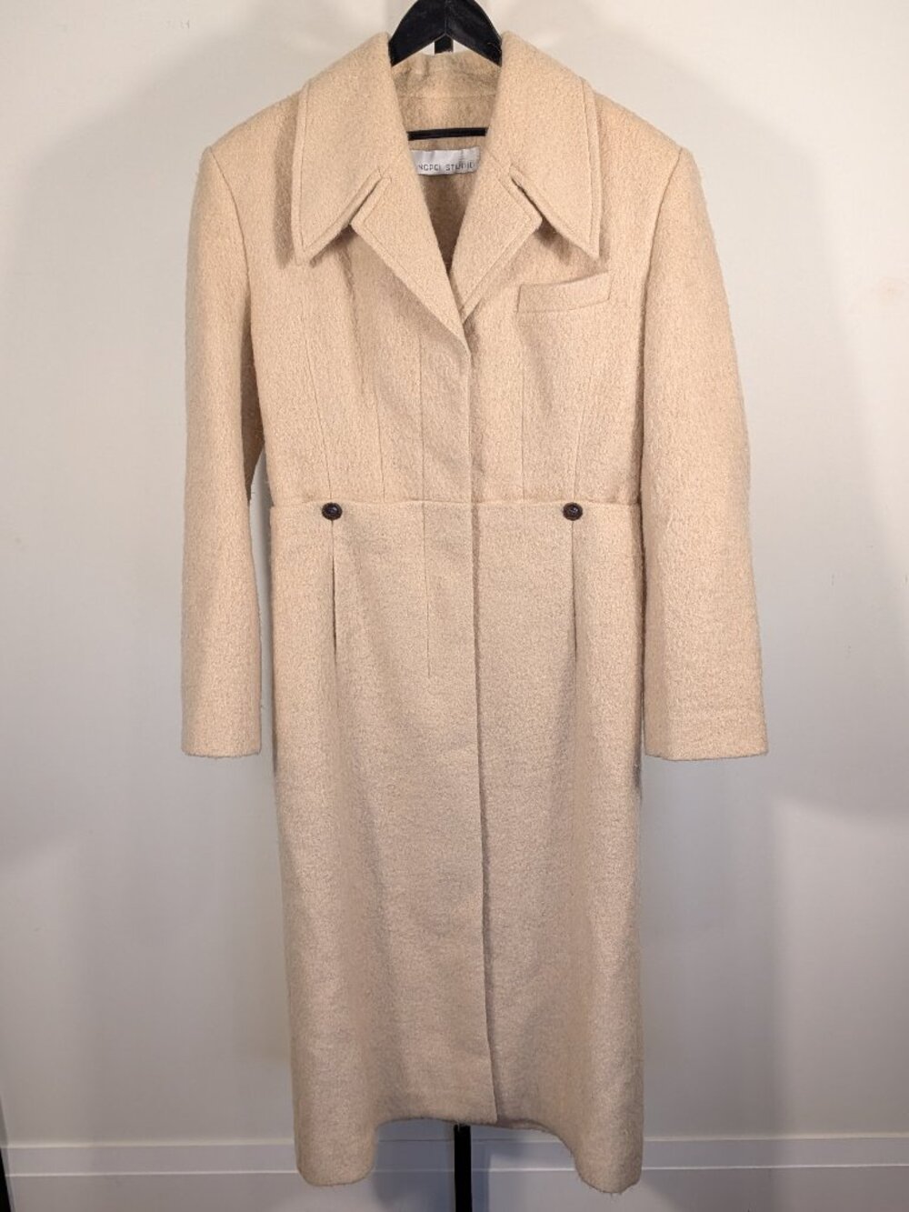 YINGPEI STUDIO Designer Long Coat Beige Camel SAMPLE Size | Sculptural Tailoring